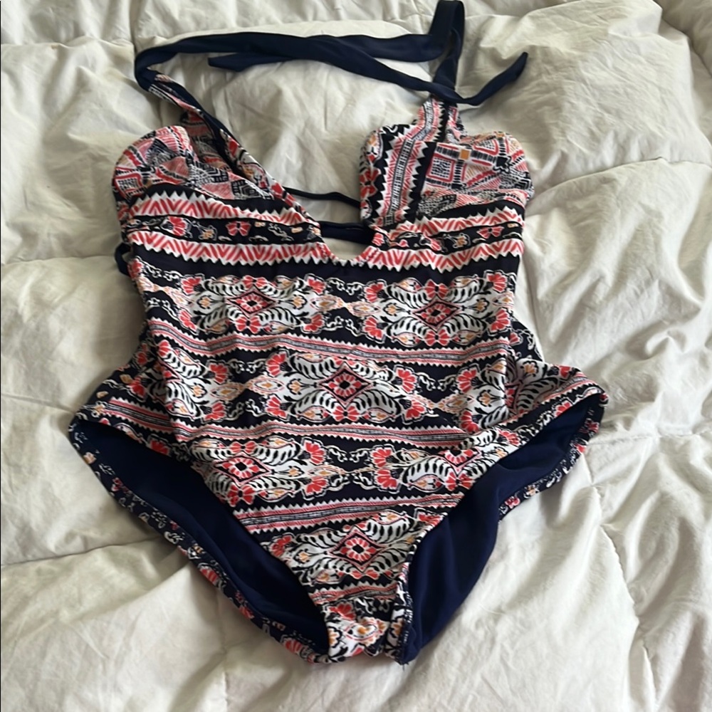 Blue and Pink One Piece Swimsuit with Ruched Front